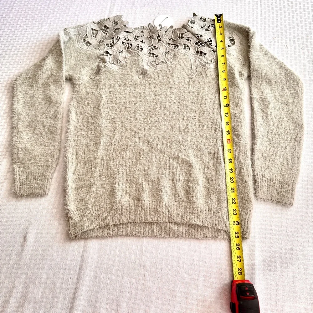 En Creme‎ Eyelash Knit Sweater Sage Green Crochet Lace Yoke Boho S/M NEW